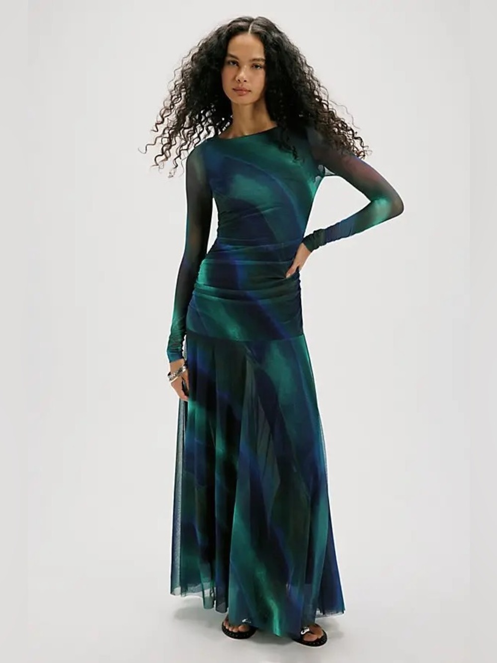 NWT Free People Sunnei Mesh Long Sleeve Maxi Dress Deep Ocean Combo